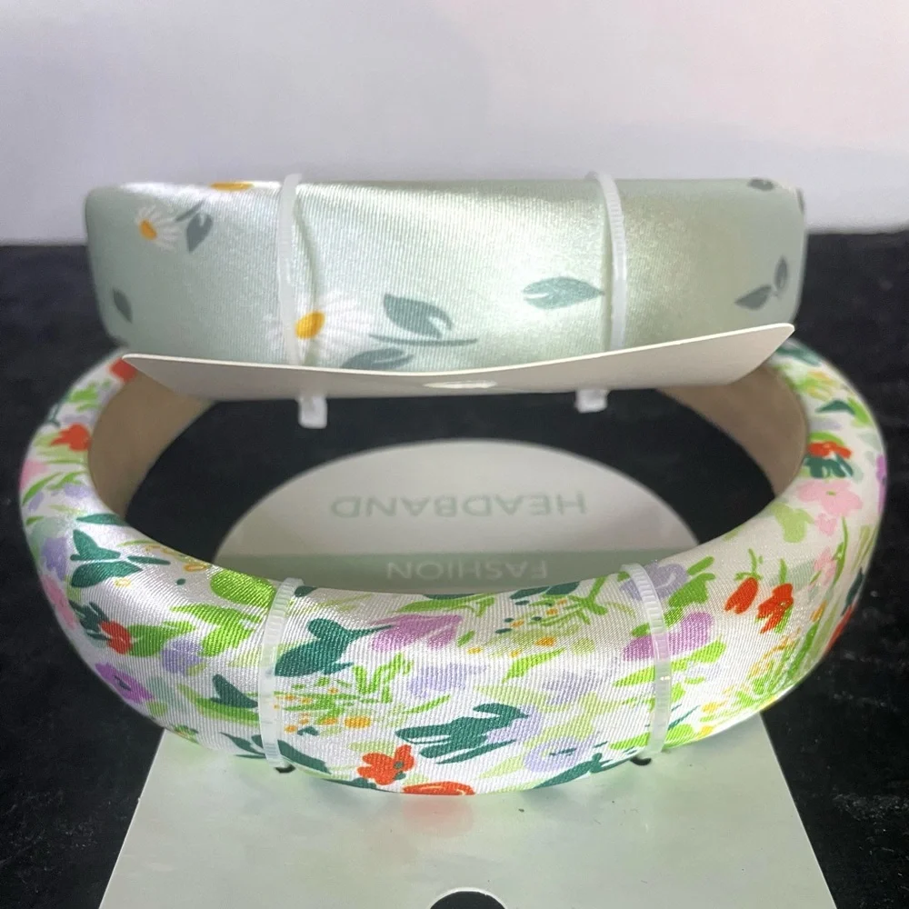 Hair Bands / Bow ~ Mint Green Floral Daisies Multicolored- Peach Lace Ribbon NWT